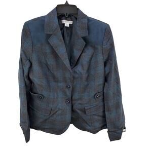 Pendleton Blazer Jacket Womens 10 Collar Blue Plaid Virgin Wool Suede Coat Belt